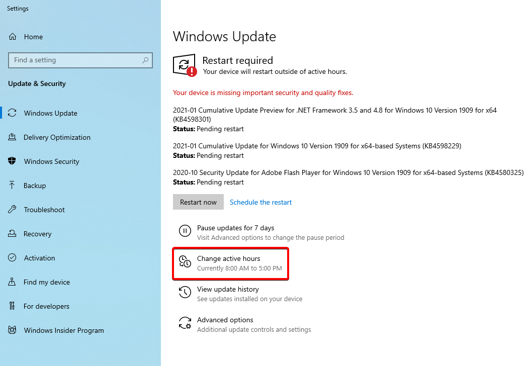 windows update change active hours