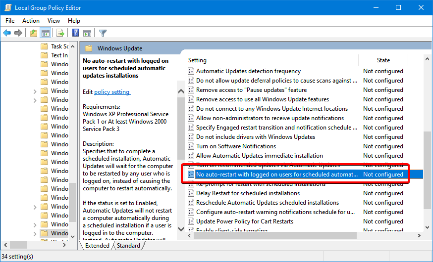 group policy for no auto restart