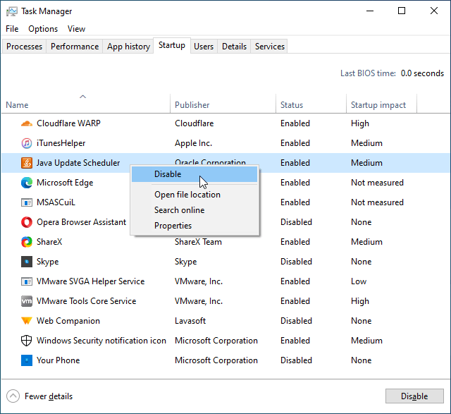 disable item in windows task manager